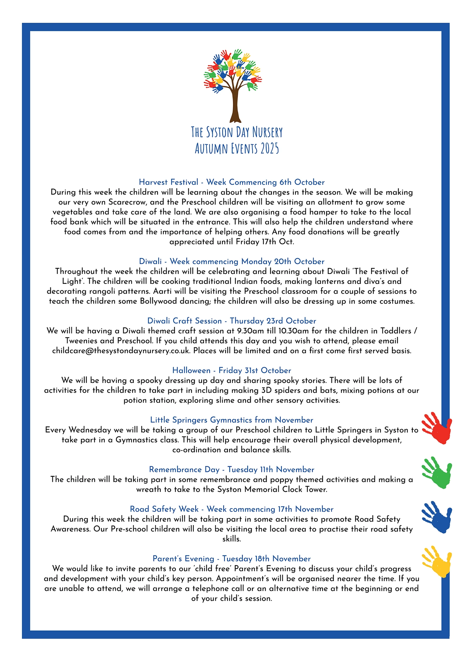 Syston Day Nursery Autumn Events 2025